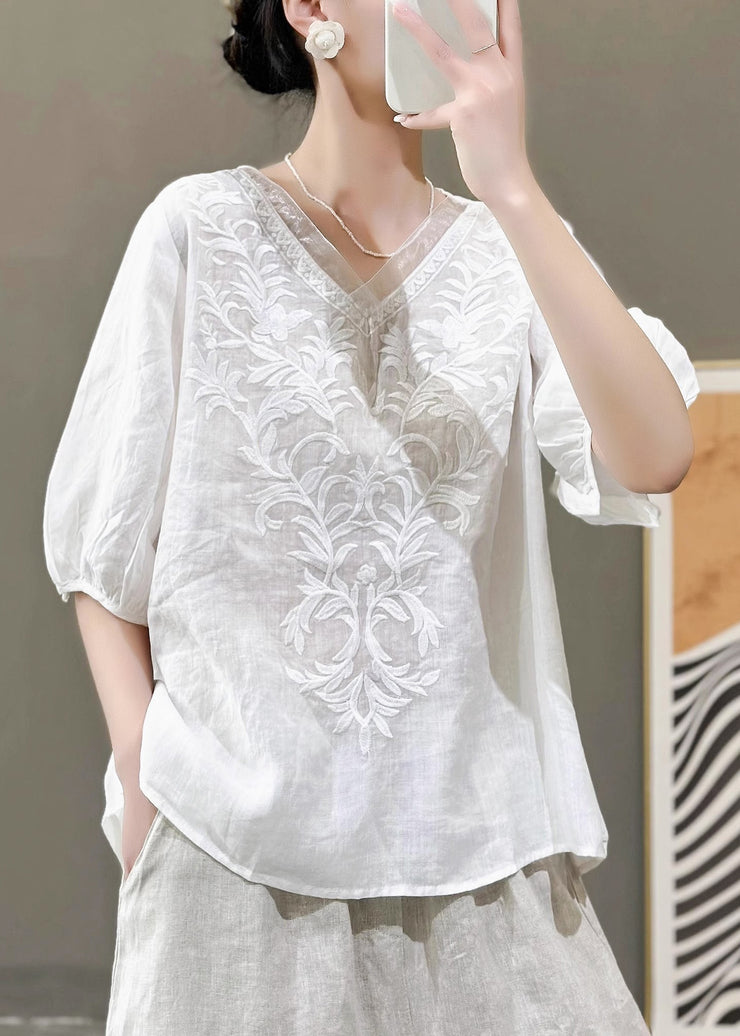 Women Nwe Purple V Neck Embroidered Linen Top Summer