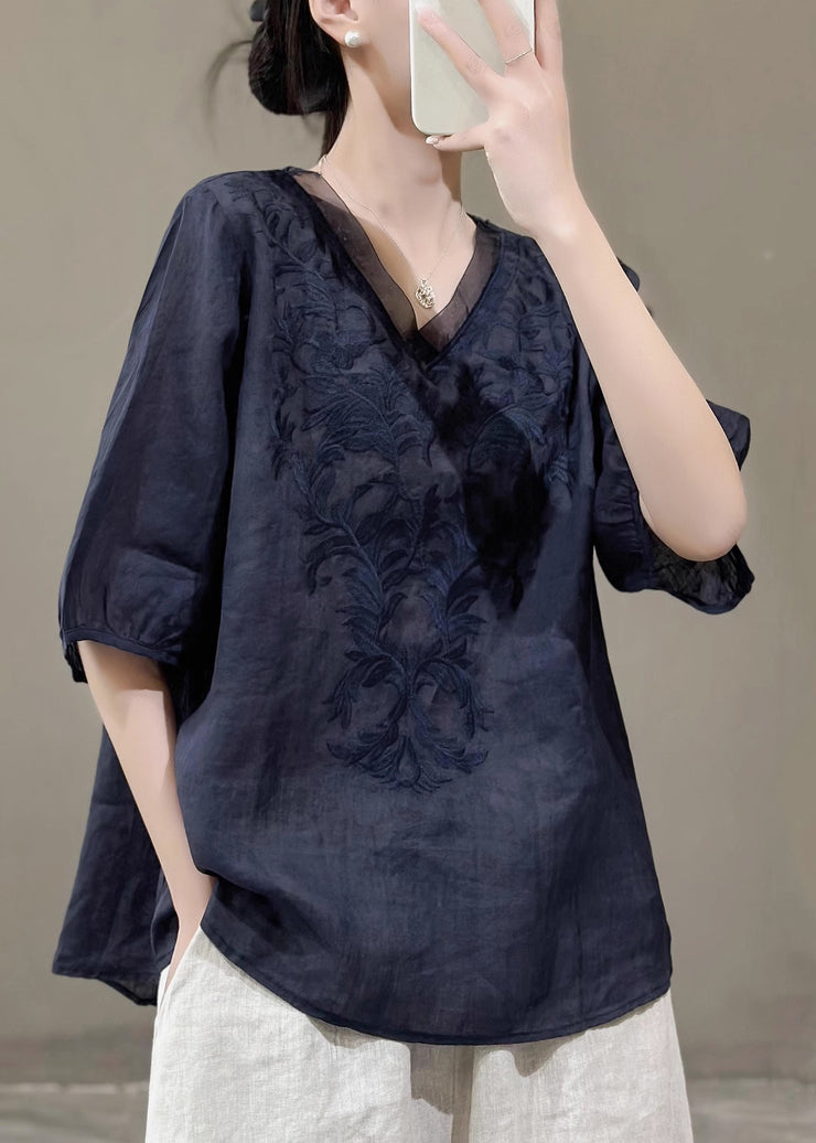 Women Nwe Purple V Neck Embroidered Linen Top Summer