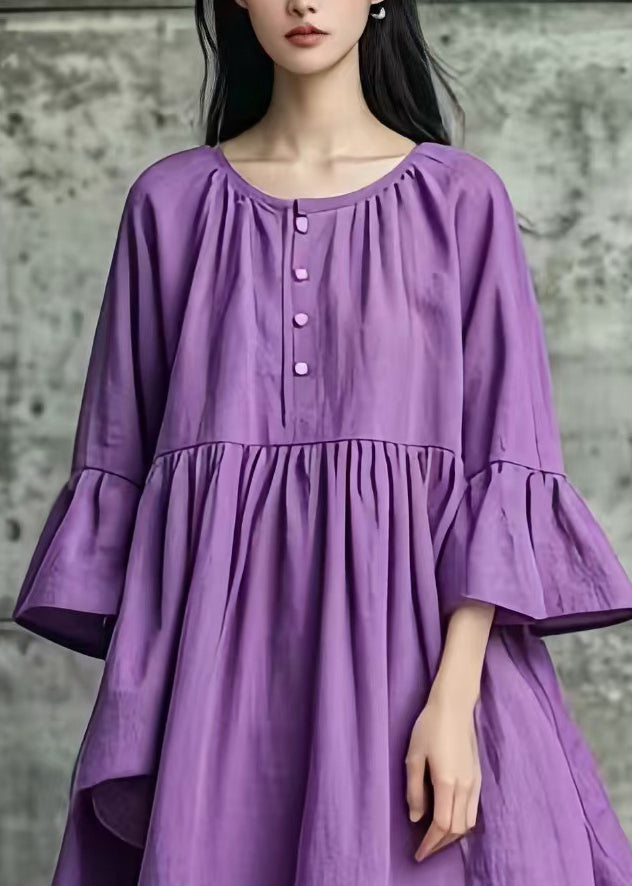 Women Purple Oversized Cotton Mid Dresses Flare Sleeve