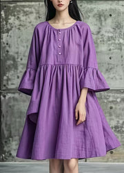 Women Purple Oversized Cotton Mid Dresses Flare Sleeve