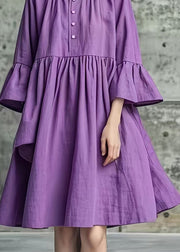 Women Purple Oversized Cotton Mid Dresses Flare Sleeve