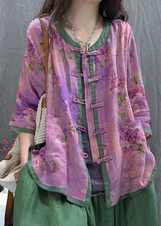 Women Purple Print Chinese Button Cotton Shirt Top Summer