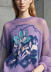 Women Purple Print Hollow Out Knit Pullover Fall