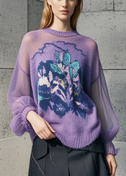 Women Purple Print Hollow Out Knit Pullover Fall