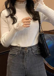 Women White Solid Lace Patchwork Knit Sweaters Fall