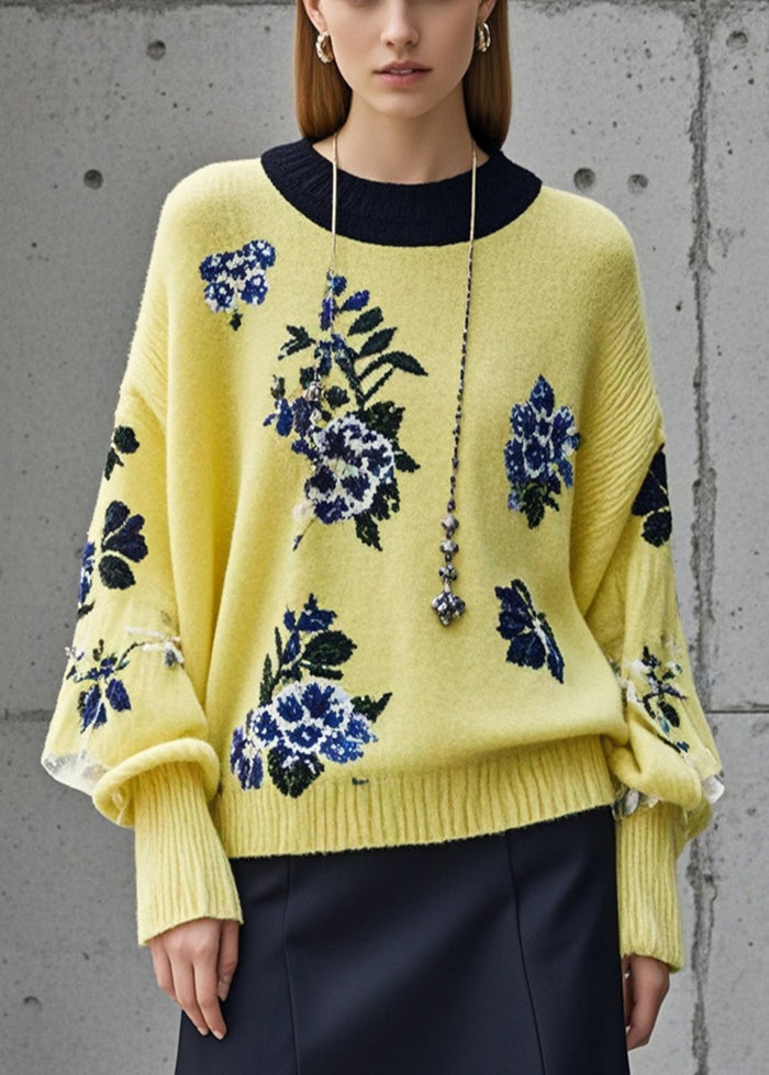 Women Yellow Jacquard Thick Short Sweaters Fall