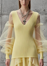 Yellow Patchwork Tulle Sweater Dress Low High Design Fall