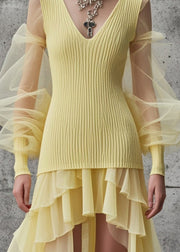 Yellow Patchwork Tulle Sweater Dress Low High Design Fall