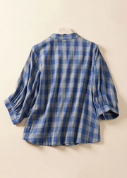 Grace Blue Plaid Stand Collar Cotton Blouses Bracelet Sleeve