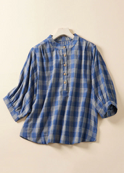 Grace Blue Plaid Stand Collar Cotton Blouses Bracelet Sleeve