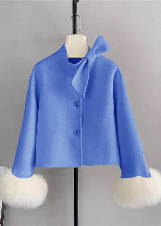 New Blue Wool Bow Button Fox Hair Cuff Short Coat Winter