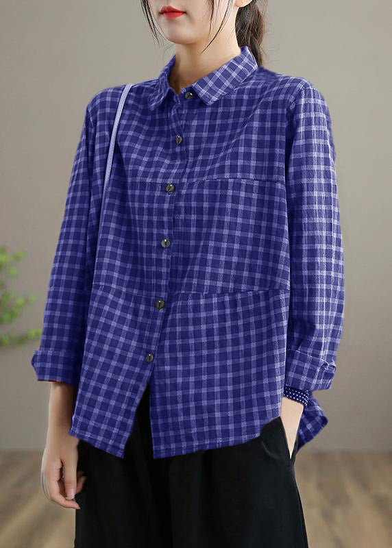 Loose Lapel Patchwork Spring Blouse Sleeve Black Plaid Top