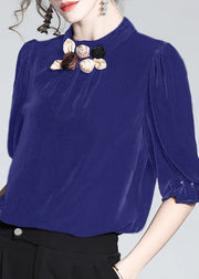 Elegant Purple Stand Collar Floral Silk Velour Top Short Sleeve