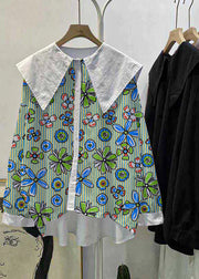 Bohemian white-flower Peter Pan Collar Button asymmetrical design Fall Long sleeve Top