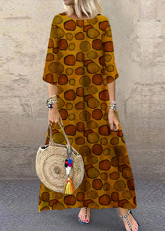 Women Khaki O-Neck Plaid Maxi Dresses Half Sleeve