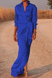 Blue Flowers Satin Wrap Shirt Maxi Dress