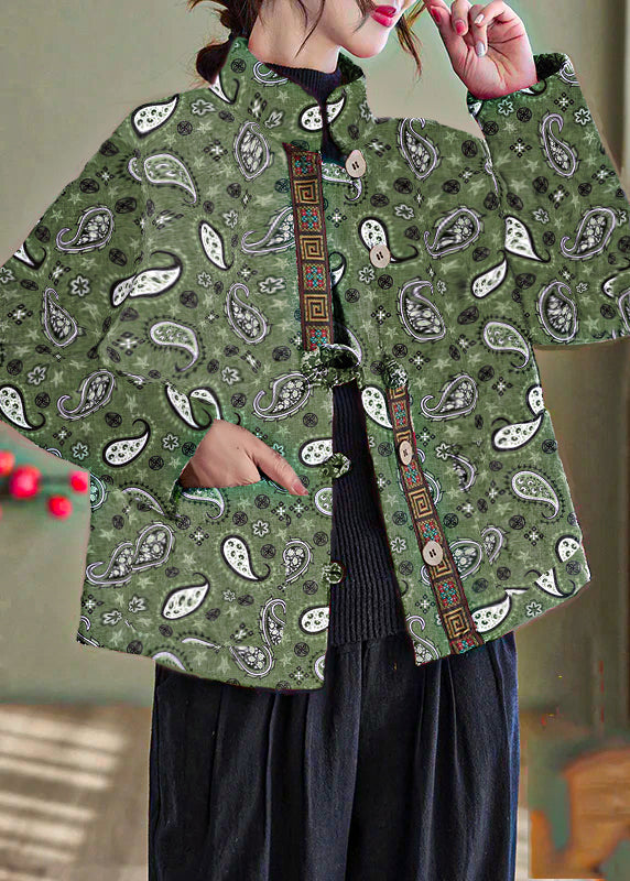 Elegant Green-Cashew Print Pockets Cotton Filled Parka Winter