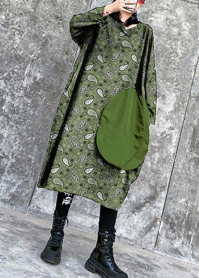100% Green-Cashew linen cotton clothes For Women o neck pockets Art spring Dresses