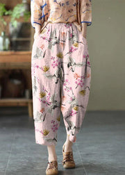 Natural Yellow Stitching Flowers Elastic Waist Summer Linen Harem Pants