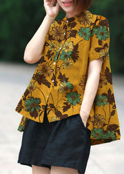 Yellow-geometry Print Patchwork Linen Top Button Stand Collar Summer