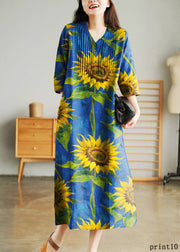 Yellow Loose Linen Long Dresses Button Solid Half Sleeve