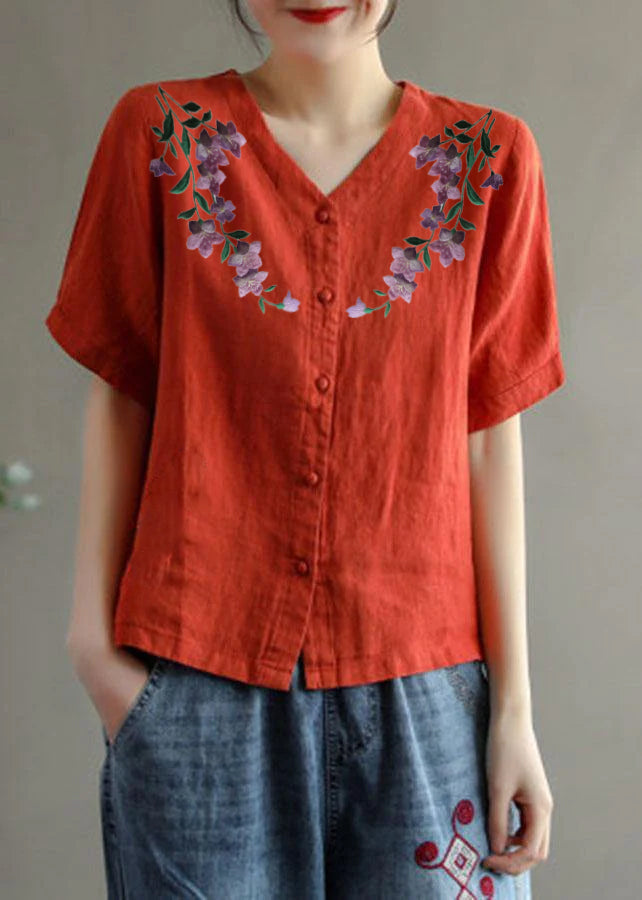 Loose Pink-flower V Neck Embroideried Floral Summer Linen Shirt