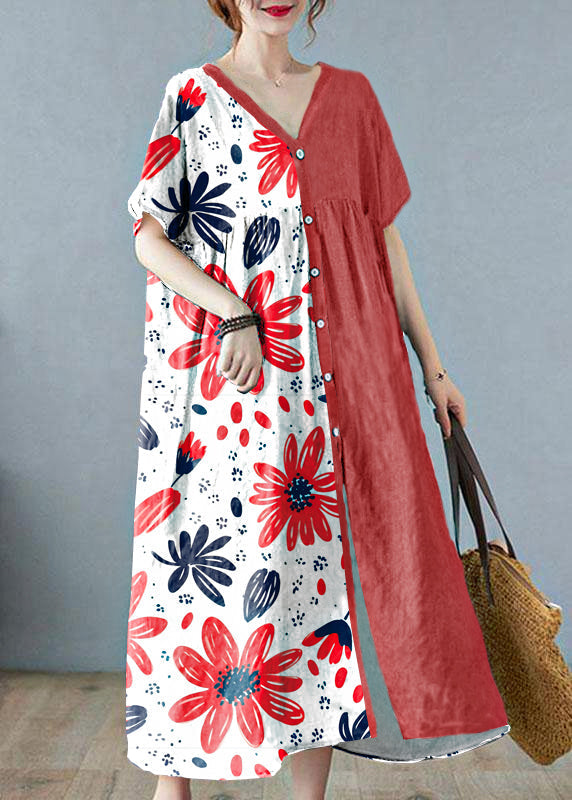 Plus Size Green bamboo Retro Button Summer Print Half Sleeve Maxi Dress