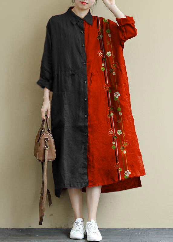 gray flower Linen Shirt Dress Casual Oversize Spring Maxi Dresses