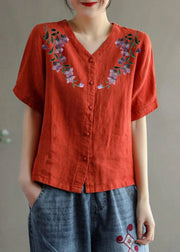 Loose Pink-ink flowers V Neck Embroideried Floral Summer Linen Shirt