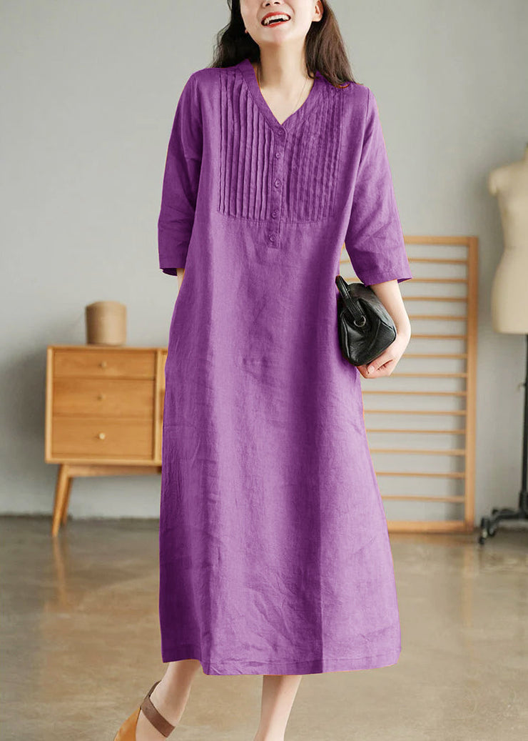 Yellow Loose Linen Long Dresses Button Solid Half Sleeve