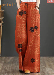 Orange Elastic Waist Linen Straight Pants Solid Color Drawstring Summer