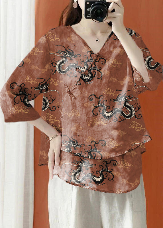 Beautiful Brown Dragon Asymmetrical Print Linen Blouses Half Sleeve