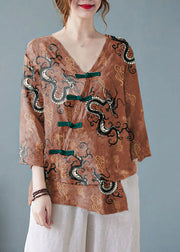 Casual Apricot V Neck Print Shirts Half Sleeve