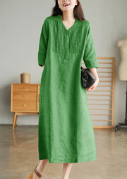 Blue Print10 Loose Linen Long Dresses Button Solid Half Sleeve