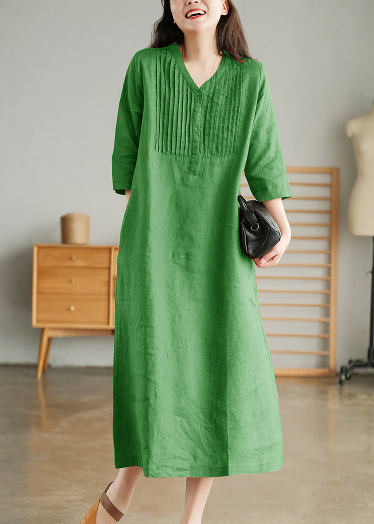 Yellow Loose Linen Long Dresses Button Solid Half Sleeve