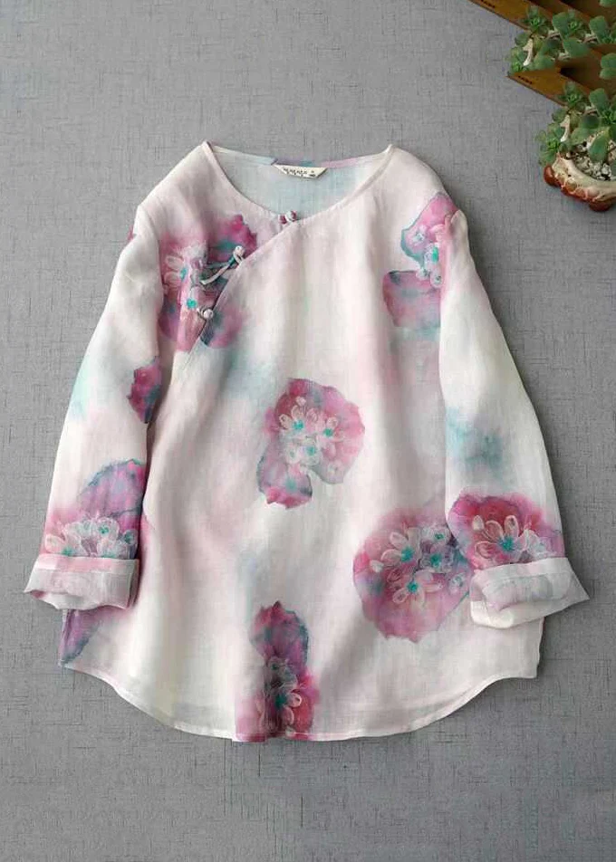 Grace Pink O Neck Print Chinese Button Linen Blouse Top Fall