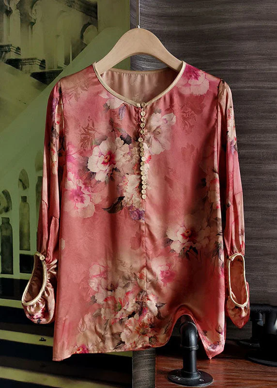 Grace Red O Neck Print Silk Tops Lantern Sleeve