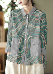 Cute Color Geometry Peter Pan Collar Patchwork Solid Button Low High Design Linen Shirt Long Sleeve