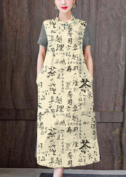 Fitted yellow flower Mandarin Collar Print Pockets Silk Long Dresses Short Sleeve