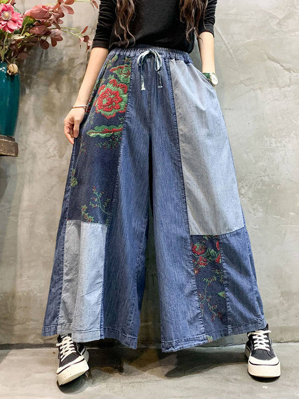 Color-Block Bandage Embroidered Wide Leg Denim Pants