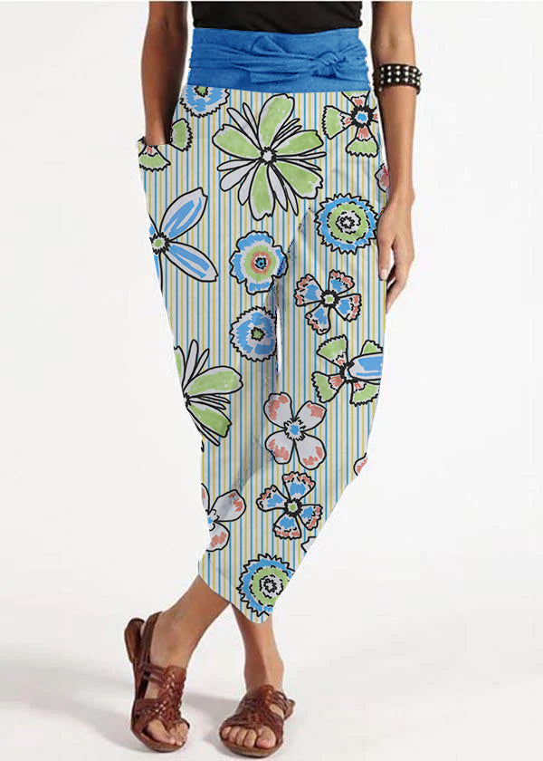 Handmade landscape pattern asymmetrical design High Waist Cotton Harem Summer Pants