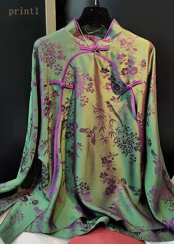 Elegant Green-Print4 Stand Collar Patchwork Jacquard side open Silk Shirts Long Sleeved