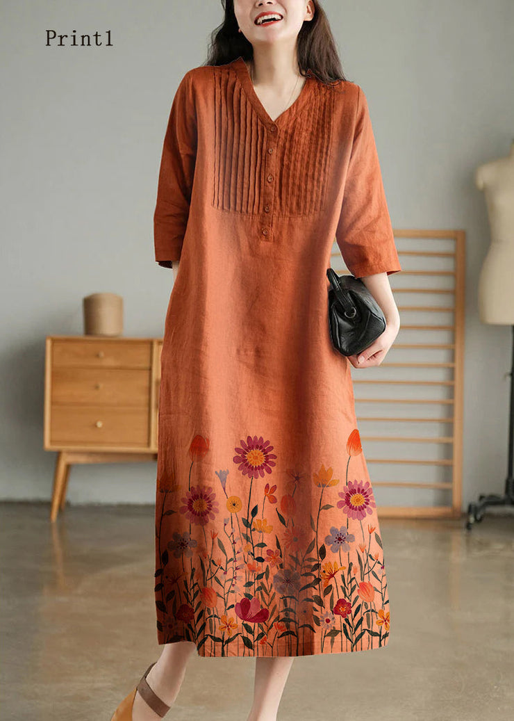 Grey Print7 Loose Linen Long Dresses Button Solid Half Sleeve