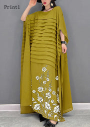 Bohemian Green-print2  O-Neck Striped Chiffon Ankle Dress Batwing Sleeve