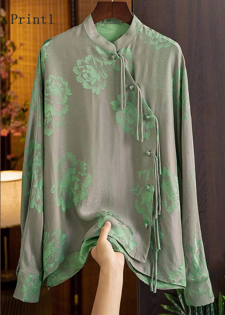 Beautiful Print4 Mandarin Collar Button Print Silk Shirt Top Spring