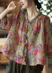 Plus Size Pink-Print3 V Neck Ruffled Print Linen Blouse Top Half Sleeve