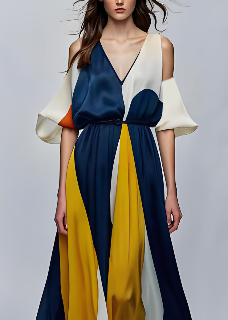 Style Colorblock V Neck Cold Shoulder Silk Maxi Dresses Summer