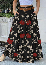 Women Solid Color Print2 Bottom Front Loose Casual Long Skirt With Pocket