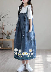 Plus Size Blue-lace drawstring pocket Spaghetti Strap Cotton denim Dress Spring