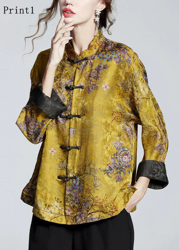 Chinese Style Text Stand Collar Button Print Silk Coats Long Sleeve